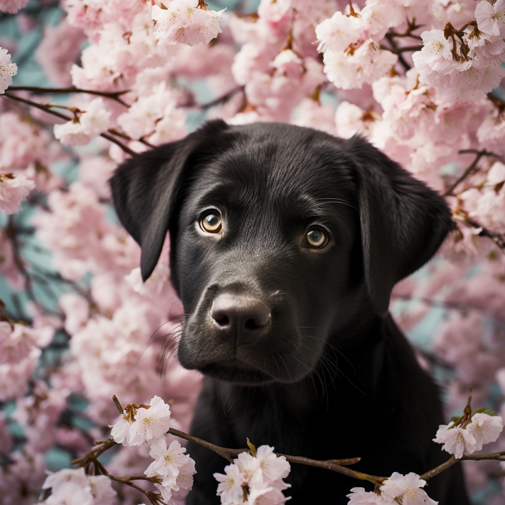 Un chiot charmant sous un ciel de cerisiers en fleurs