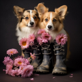 Un duo floral avec des corgis charmants
