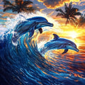 Dauphins joueurs sous un coucher de soleil