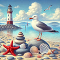 Goéland et phare au bord de la mer
