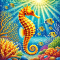 Hippocampe doré et poissons exotiques