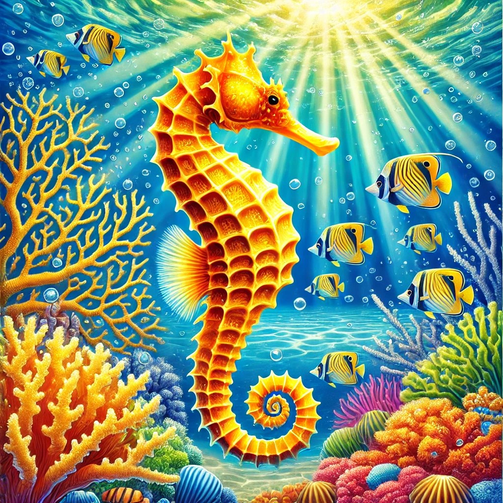 Hippocampe doré et poissons exotiques