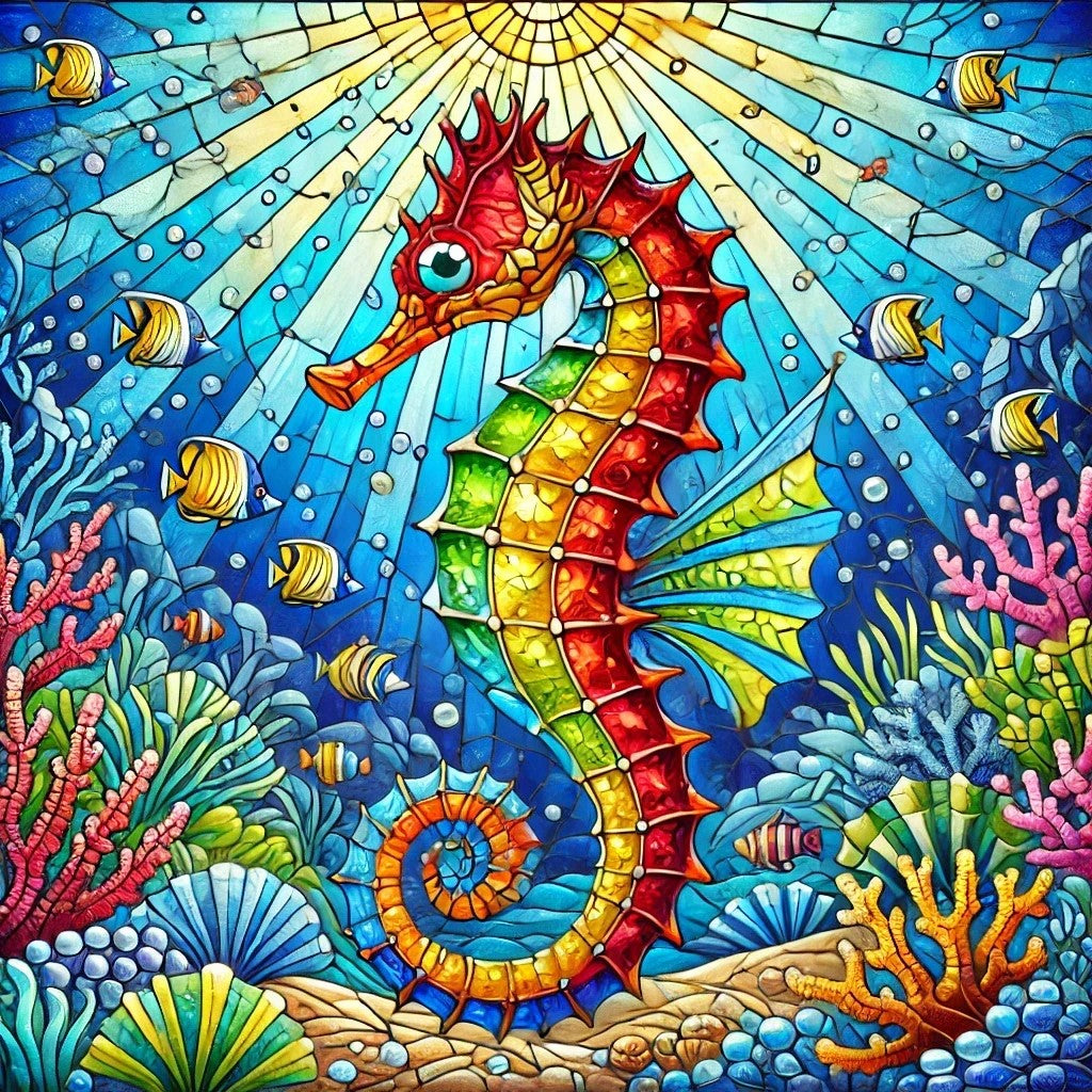 Cheval de mer et coraux dans un monde de verre