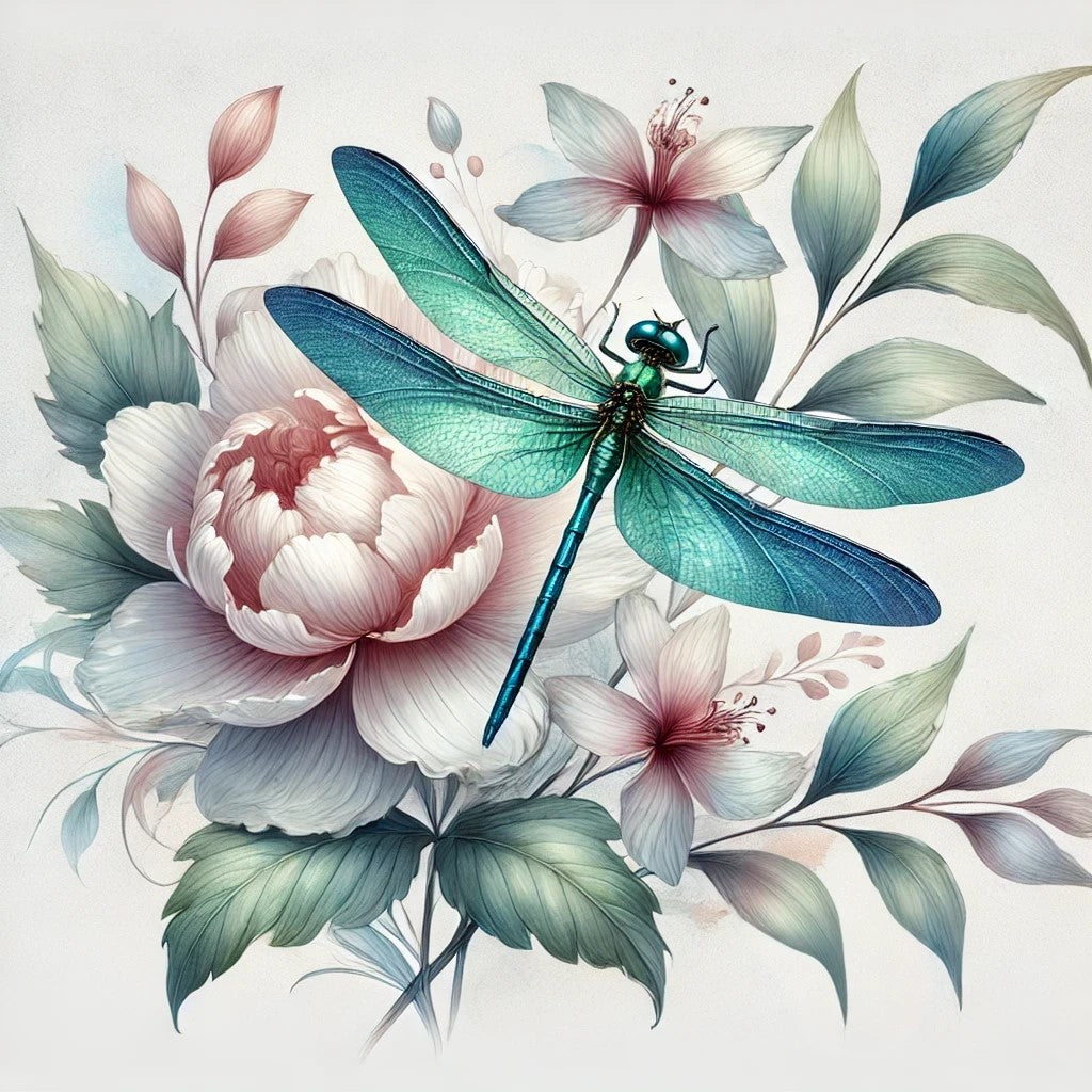 Libellule turquoise sur un fond floral délicat