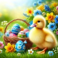 Happy chick and colorful eggs