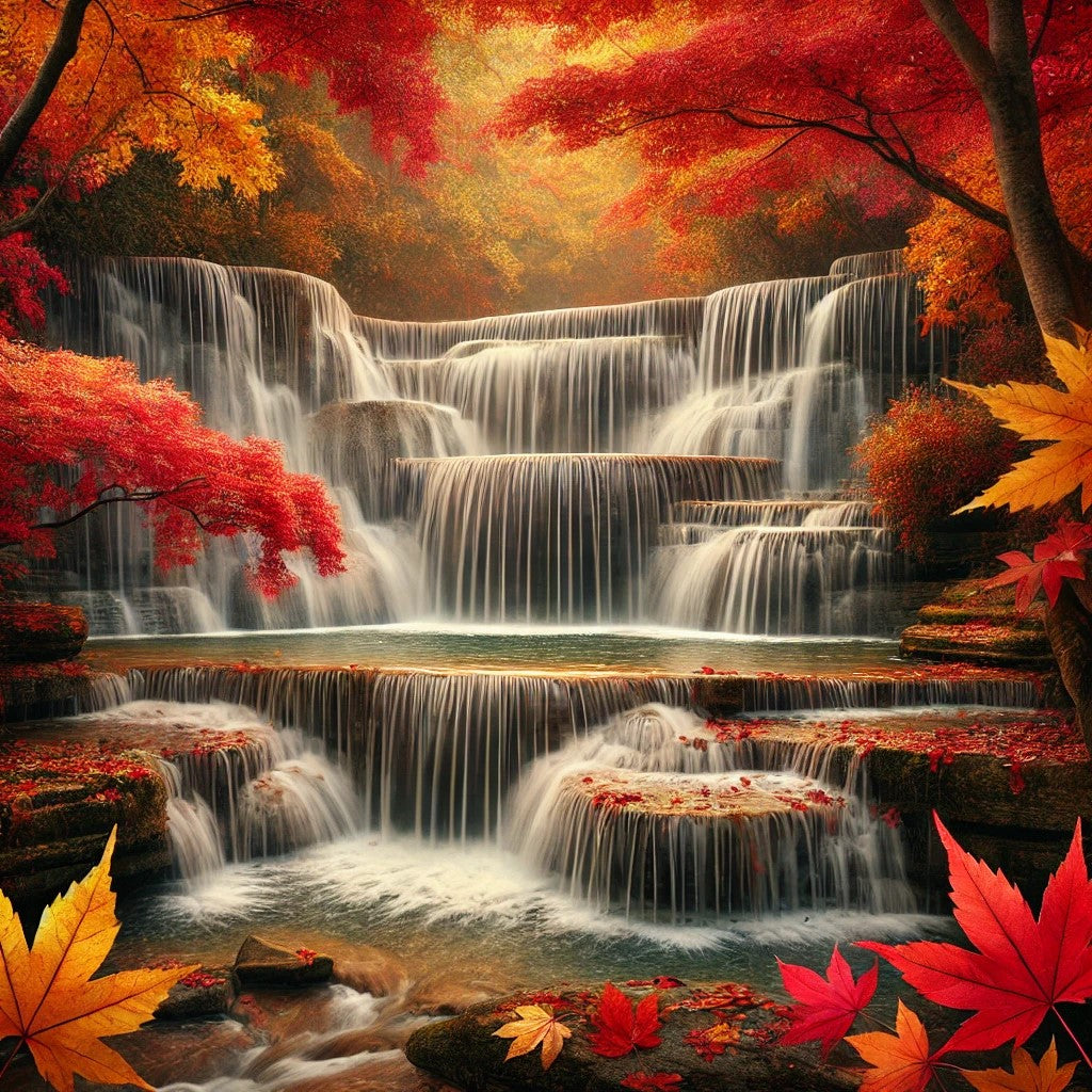 Feuillage rouge et cascade