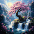 Sacred tree and waterfalls