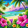 Hibiscus et vagues au coucher du soleil