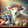 A basket of eggs and a lamb crowned with flowers