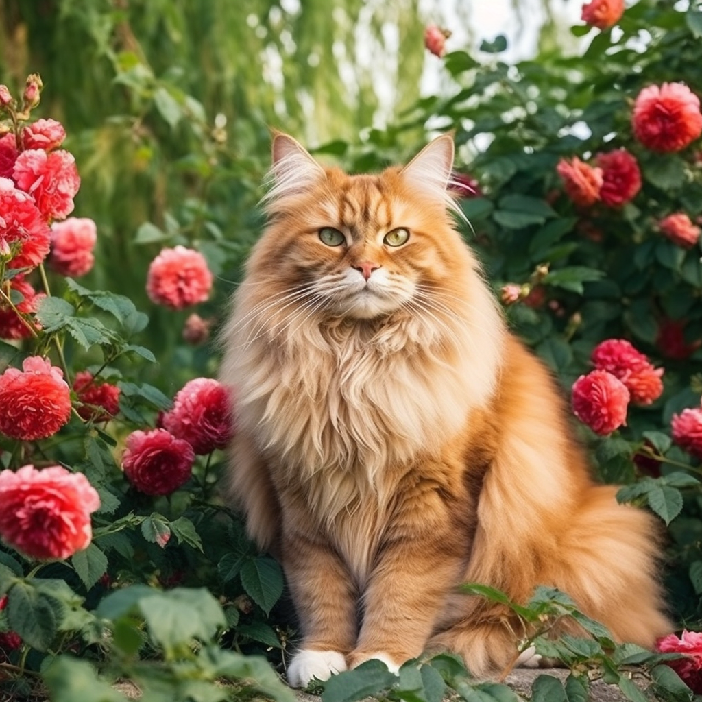 The splendor of the feline among the rose bushes