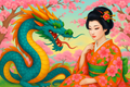 Dragon and beauty under sakura