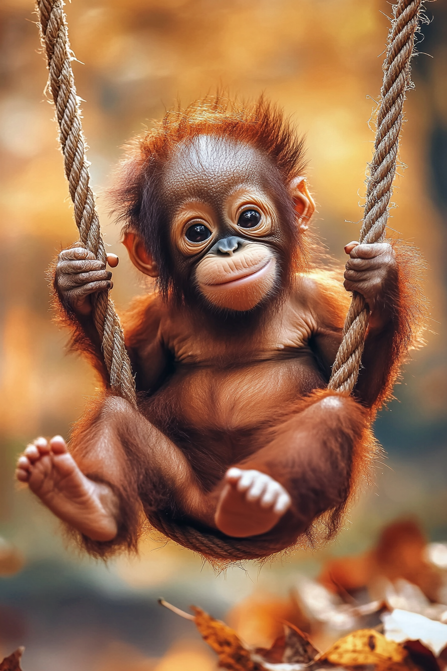 Baby orangutan on its swing