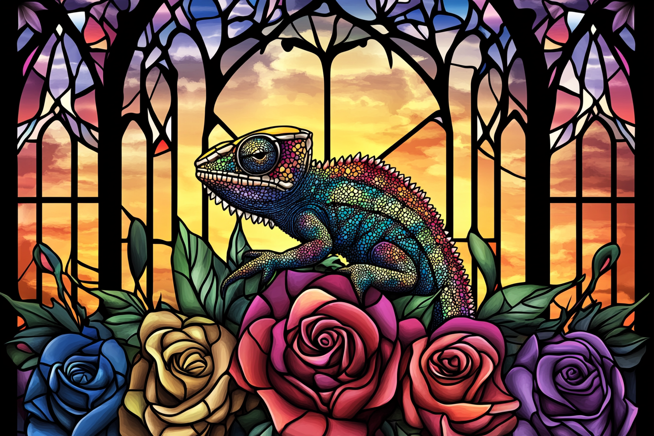 Caméléon et roses dans un décor sacré