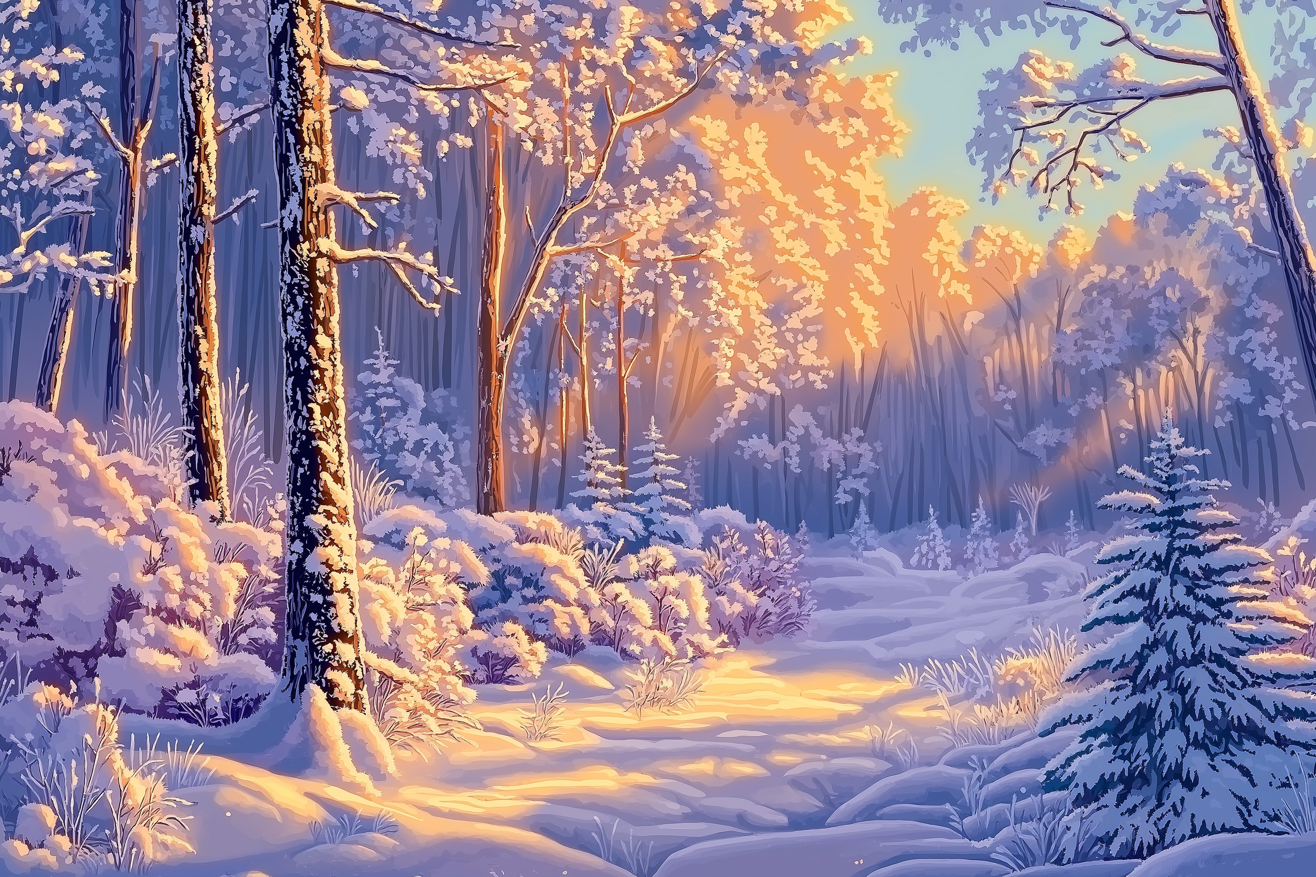 Forêt givrée sous le soleil