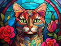 Chat majestueux dans un vitrail floral
