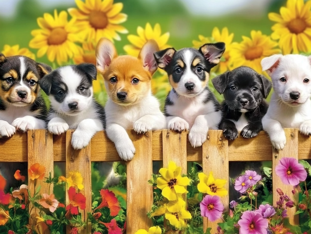 Un festival de chiots et de fleurs