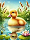 Little duck surrounded by water lilies