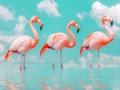 Trio de flamants roses dans un ciel pastel