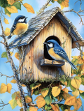 Pair of titmice at the entrance of their nest