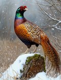 Royal pheasant on his snowy throne