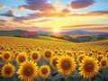 Soleil couchant sur tournesols