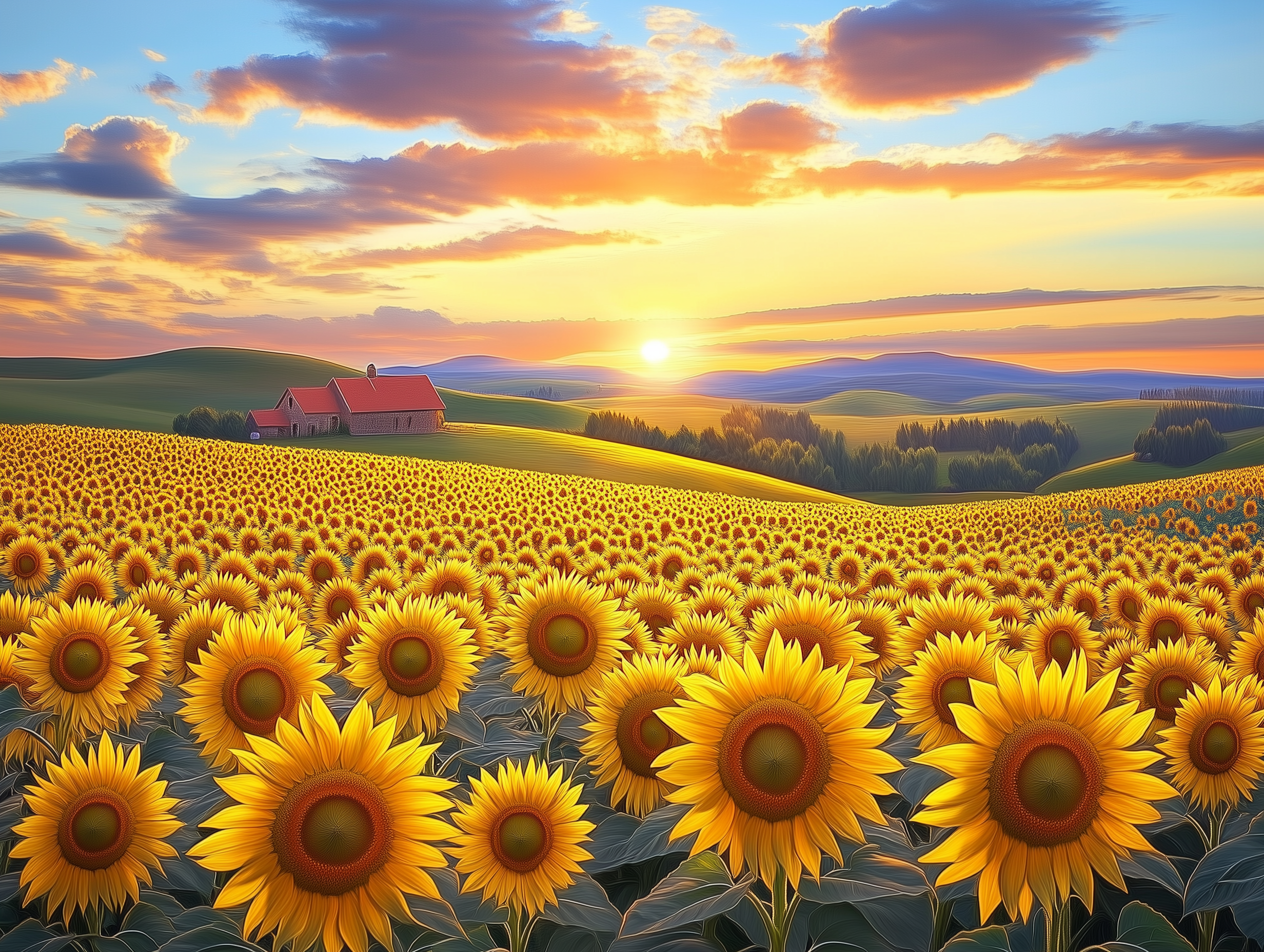 Soleil couchant sur tournesols