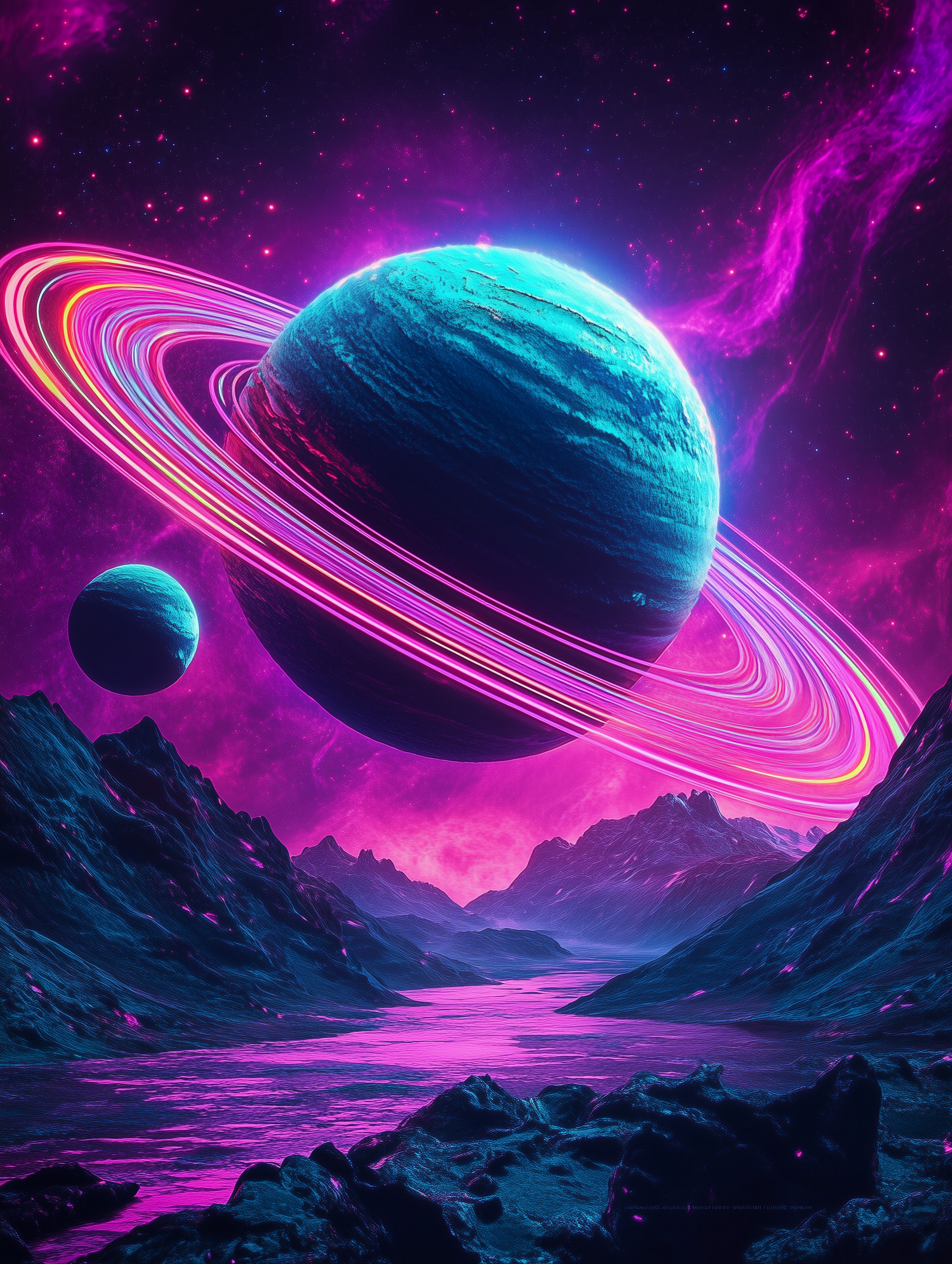 Planète turquoise aux anneaux magenta