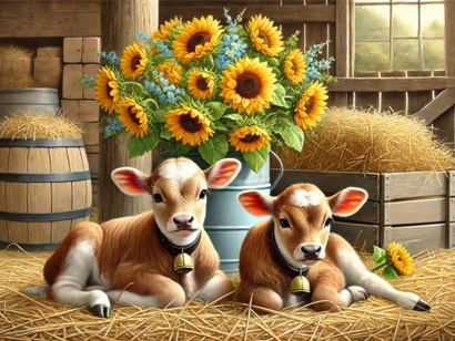 Tournesols et veaux adorables