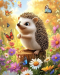 Magical moment between butterflies and a hedgehog