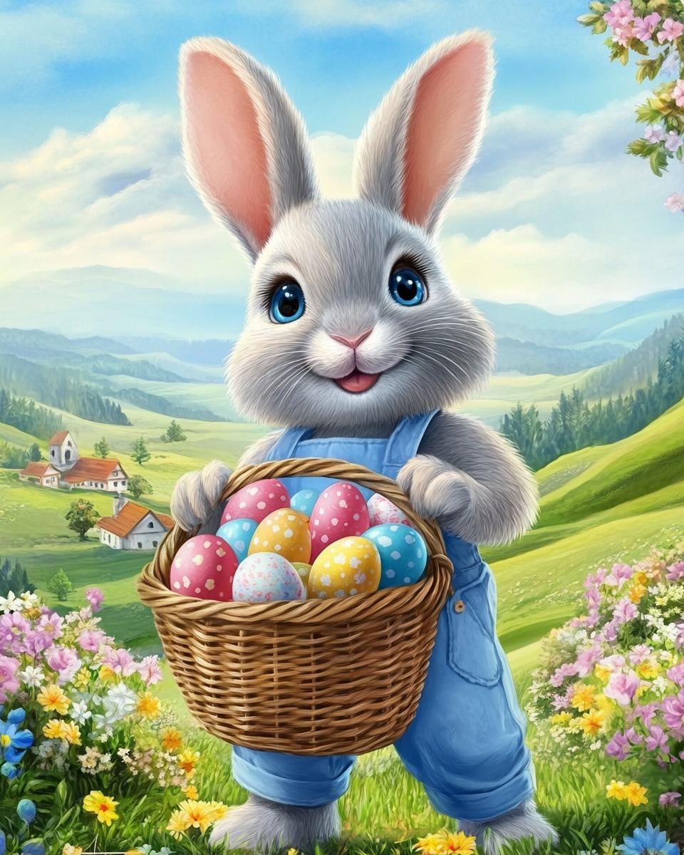 Happy rabbit and overflowing basket