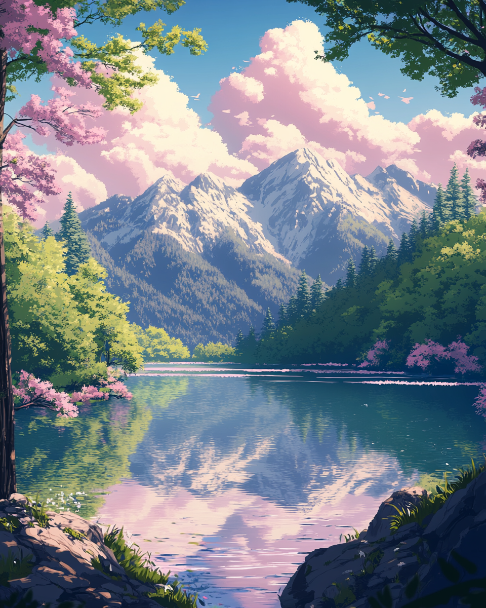 Reflets roses sur le lac