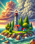 A peaceful island under a stormy sky