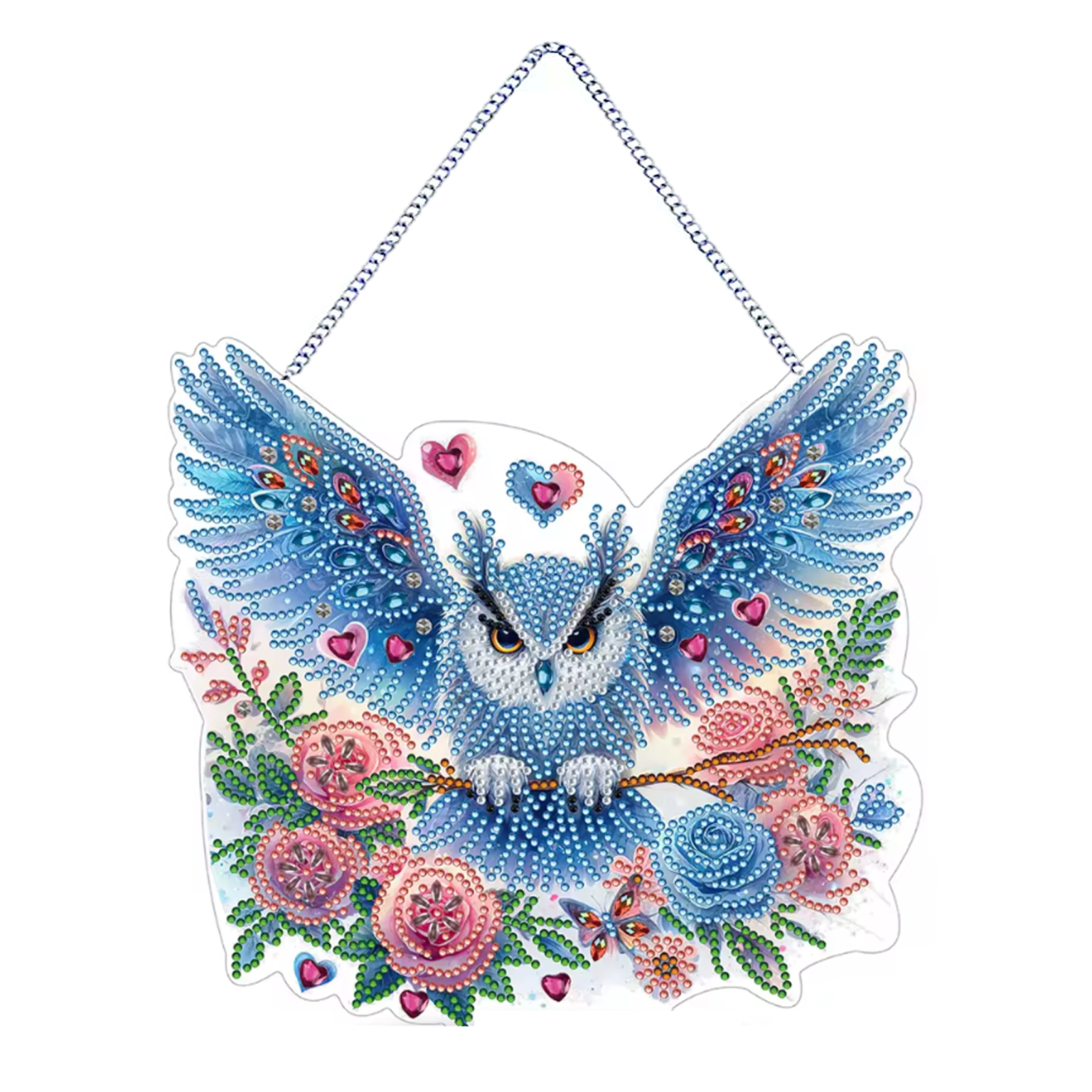 Chouette Bleue et Fleurs Féeriques – Suspension en Broderie Diamant
