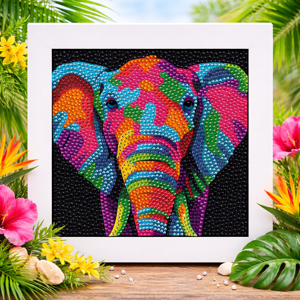 Portrait d’éléphant aux mille couleurs – Mini Cadre avec Pied Support