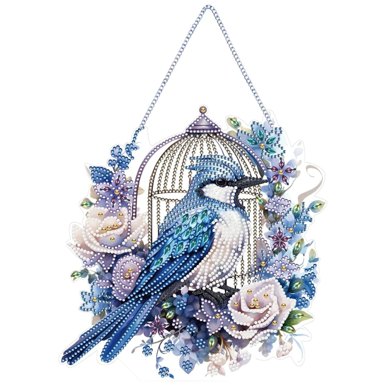 Oiseau Bleu et Cage Fleurie – Suspension en Broderie Diamant