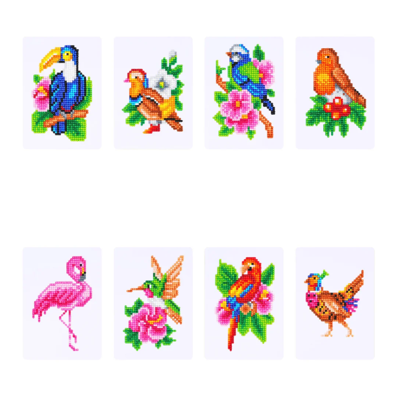 Lot de 8 Mini Diamond Painting - Oiseaux exotiques et fleuris