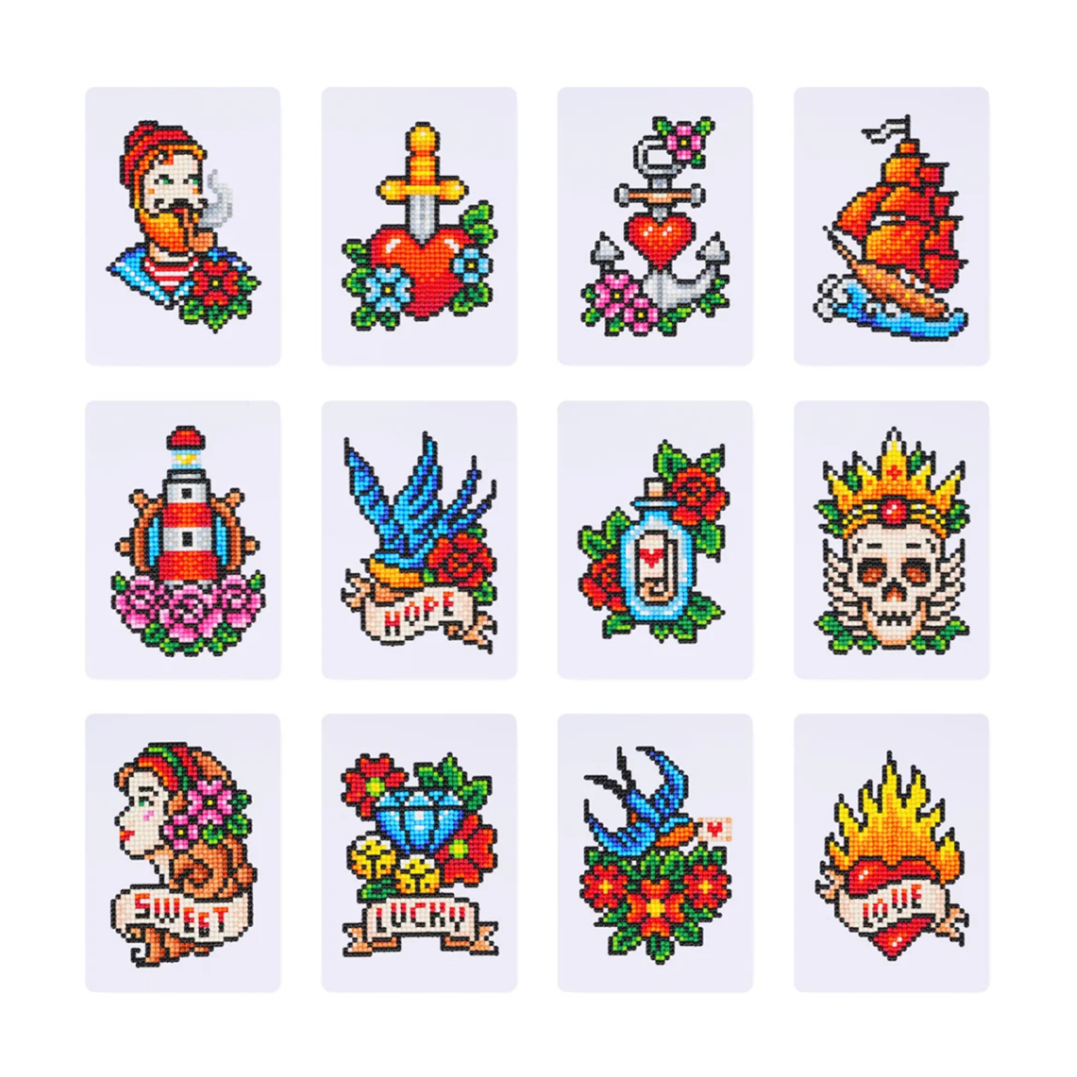 Lot de 12 Mini Diamond Painting – Tatouages Vintage